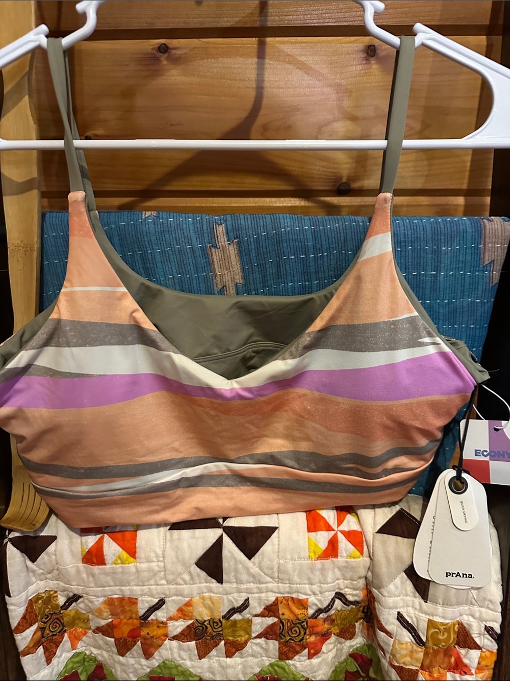 Prana reversible willow falls Striped Scoop Swim top in Olive, Peach & Purple